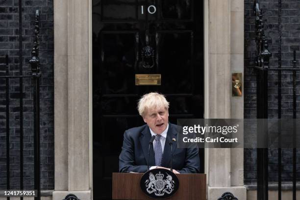Prime Minister Boris Johnson addresses the nation as he announces his resignation outside 10 Downing Street on July 7, 2022 in London, England. After...