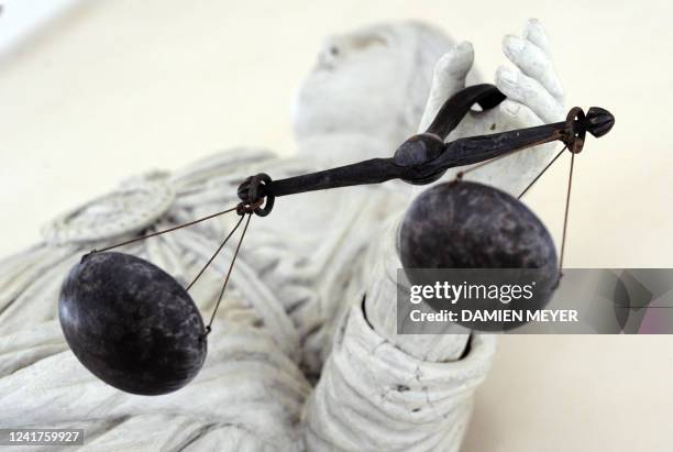 Picture taken on February 8, 2011 in Rennes, western France, shows a marble statue representing Themis, the Goddess of Justice at Brittany...