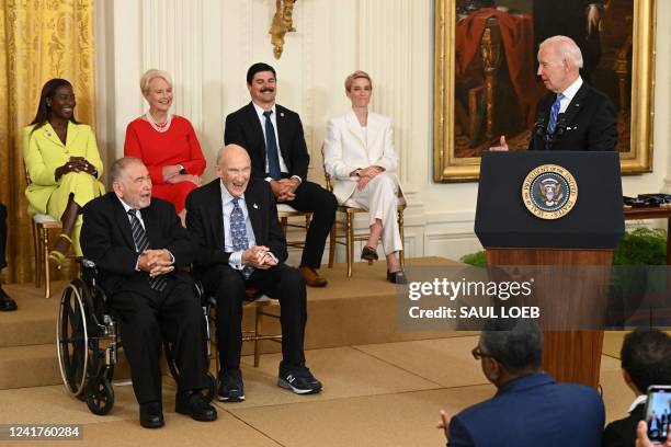 President Joe Biden speaks before presenting the Presidential Medal of Freedom, the nation's highest civilian honor, during a ceremony honoring 17...