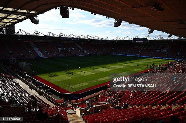 Evening sunlight falls across the St Mary's pitch as players warm up ahead of the UEFA Women's Euro 2022 Group A football match between Norway and...