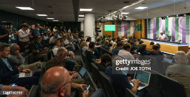 Spain's Rafael Nadal holds a press conference on the eleventh day of the 2022 Wimbledon Championships at The All England Tennis Club in Wimbledon,...