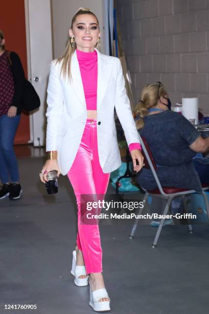 Meg Donnelly is seen leaving the 'Live with Kelly & Ryan' show on July 07, 2022 in New York City.