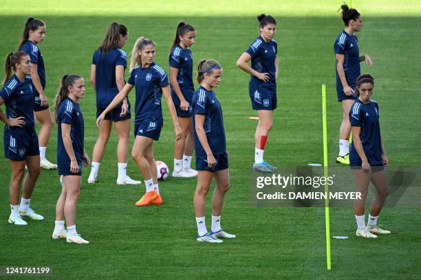 Spain's defender Irene Paredes and teammates attend a team training session at Stadium MK in Milton Keynes, central England on July 7 on the eve of...