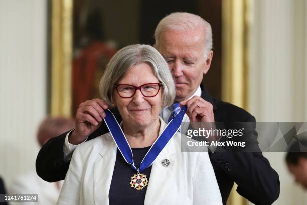 President Joe Biden presents the Presidential Medal of Freedom to Sister Simone Campbell, a social justice advocate who championed the Affordable...