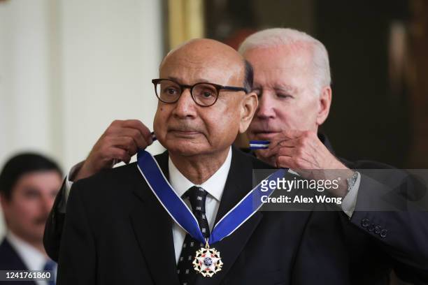 President Joe Biden presents the Presidential Medal of Freedom to Khizr Khan, Gold Star father of U.S. Army Captain Humayun Khan, during a ceremony...