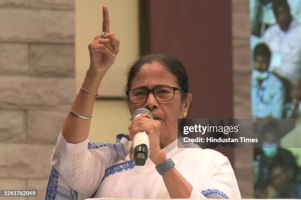West Bengal Chief Minister Mamata Banerjee addresses during student credit cards distribution event at Netaji Indoor Stadium on July 7, 2022 in...