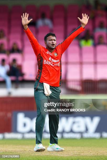 Shakib Al Hasan of Bangladesh celebrates the dismissal of Odean Smith of West Indies during the third and final T20 International match between West...