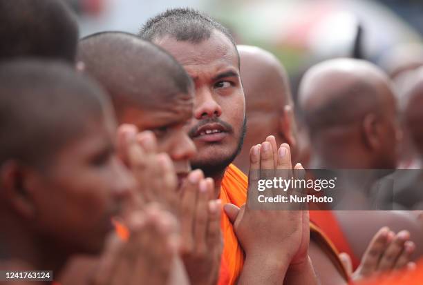 Sri Lankan Buddhist monks participate in the continuous satyagraha and peaceful protest started by demanding Sri Lankan President Gotabaya...