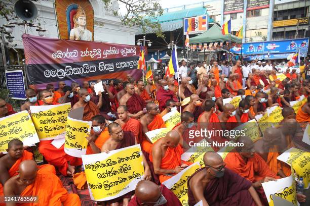 Sri Lankan Buddhist monks participate in the continuous satyagraha and peaceful protest started by demanding Sri Lankan President Gotabaya...