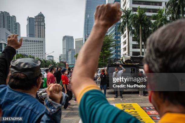 Sangihe Island residents and activists protest agains Indonesias controversial Sangihe Island gold mine in front of Canada embassy in Jakarta on 7...