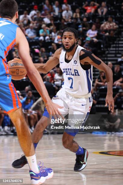 Isaiah Joe of the Philadelphia 76ers drives to the basket during the game against the Oklahoma City Thunder during the 2022 Salt Lake City Summer...
