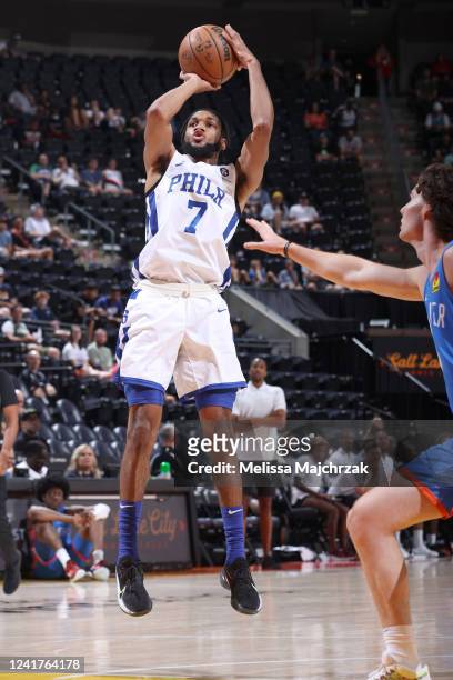 Isaiah Joe of the Philadelphia 76ers shoots the ball during the game against the Oklahoma City Thunder during the 2022 Salt Lake City Summer League...