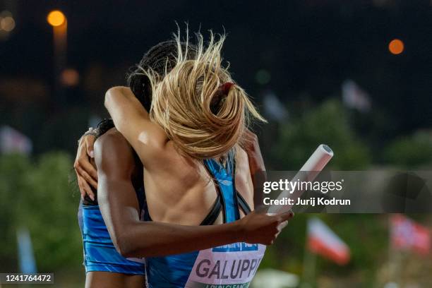 Team Great Britain reacts after Womens Medley Relay during day 4 of Jerusalem 2022 European Athletics U18 Championships at Givat-Ram Stadium on July...