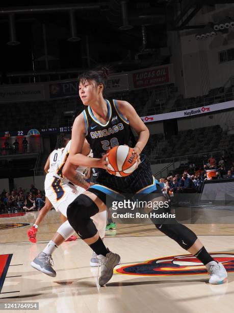 Li Yueru of the Chicago Sky drives to the basket during the game against the Indiana Fever on July 7, 2022 at the Indiana Farmers Coliseum,...