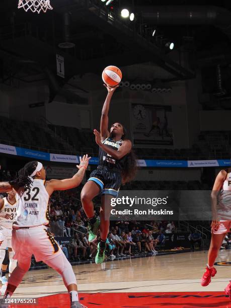 Dana Evans of the Chicago Sky drives to the basket during the game against the Indiana Fever on July 7, 2022 at the Indiana Farmers Coliseum,...