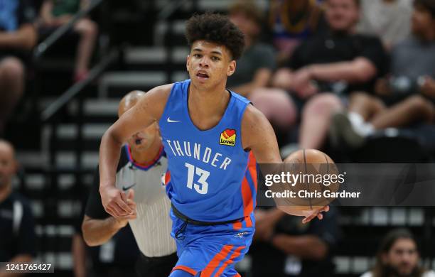 Osumane Dieng of the Oklahoma City Thunder rushes the ball up the court against the Philadelphia 76ers during the second half of their NBA Summer...