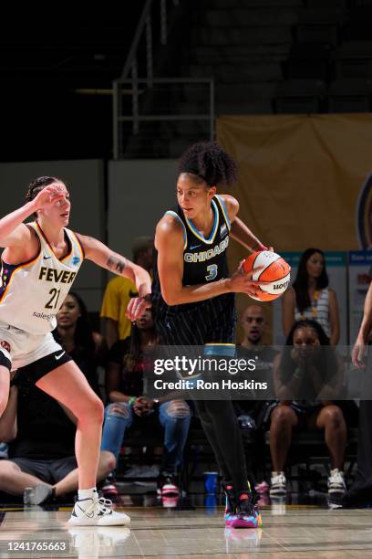Candace Parker of the Chicago Sky handles the ball during the game against the Indiana Fever on July 7, 2022 at the Indiana Farmers Coliseum,...