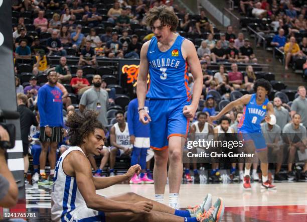 Josh Giddey of the Oklahoma City Thunder taunts Malik Ellison of the Philadelphia 76ers after dunking over him during the second half of their NBA...