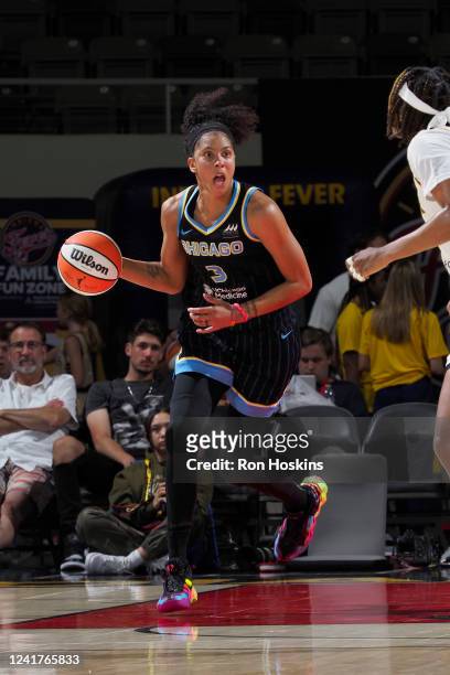 Candace Parker of the Chicago Sky drives to the basket during the game against the Indiana Fever on July 7, 2022 at the Indiana Farmers Coliseum,...