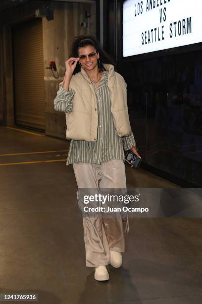 Arella Guirantes of the Los Angeles Sparks arrives to the arena before the game against the Seattle Storm on July 7, 2022 at Crypto.com Arena in Los...
