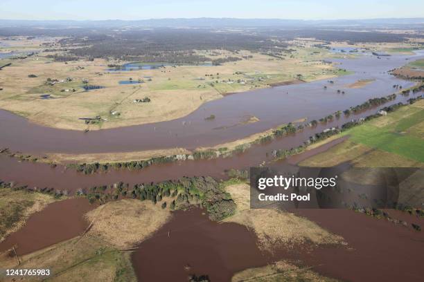 Flooding is shown by helicopter on a tour by NSW Premier Dominic Perrottet and Minister for Emergency Services and Resilience and Minister for Flood...