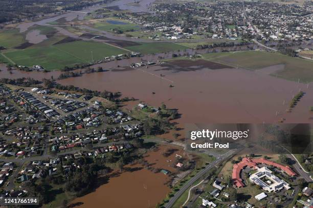 Flooding is shown by helicopter on a tour by NSW Premier Dominic Perrottet and Minister for Emergency Services and Resilience and Minister for Flood...