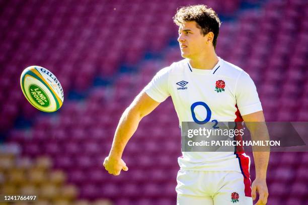 England player Henry Arundell warms up during the captain's run at Suncorp Stadium in Brisbane on July 08 ahead of the second rugby union Test...