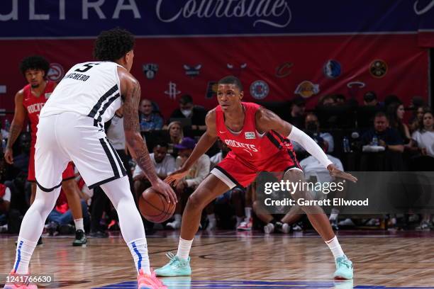 Jabari Smith II of the Houston Rockets plays defense against the Orlando Magic during the 2022 Las Vegas Summer League on July 7, 2022 at the Thomas...
