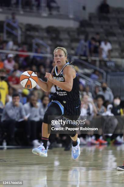 Julie Allemand of the Chicago Sky drives to the basket during the game against the Indiana Fever on July 7, 2022 at the Indiana Farmers Coliseum,...