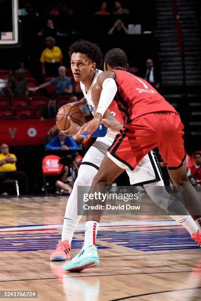 Paolo Banchero of the Orlando Magic handles the ball against the Houston Rockets during the 2022 Las Vegas Summer League on July 7, 2022 at the...