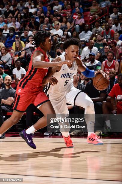 Paolo Banchero of the Orlando Magic drives to the basket against the Houston Rockets during the 2022 Las Vegas Summer League on July 7, 2022 at the...