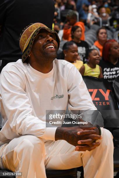 Kyrie Irving of the Brooklyn Nets attends the game between the Seattle Storm and the Los Angeles Sparks on July 7, 2022 at Crypto.com Arena in Los...