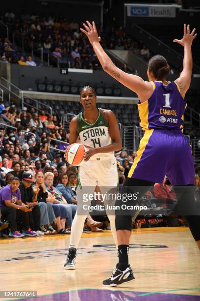 Jantel Lavender of the Seattle Storm looks to pass the ball during the game against the Los Angeles Sparks on July 7, 2022 at Crypto.com Arena in Los...