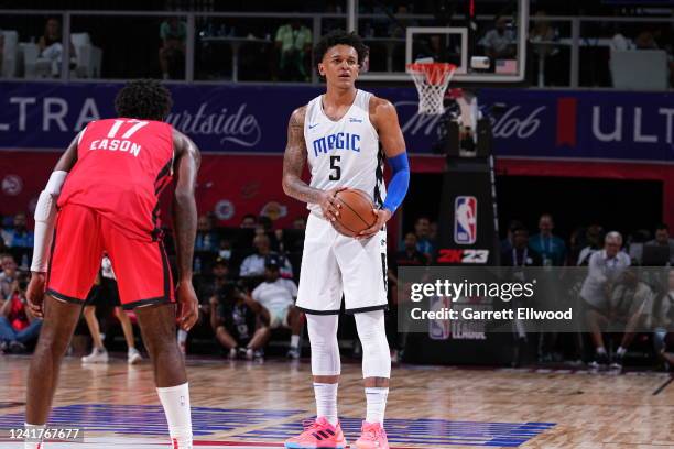 Paolo Banchero of the Orlando Magic handles the ball against the Houston Rockets during the 2022 Las Vegas Summer League on July 7, 2022 at the...