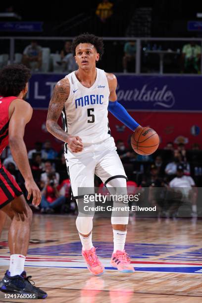 Paolo Banchero of the Orlando Magic dribbles the ball against the Houston Rockets during the 2022 Las Vegas Summer League on July 7, 2022 at the...