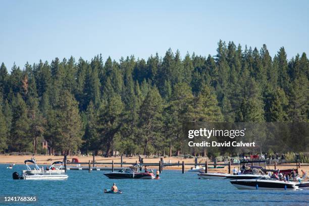 Boats on Lake Tahoe during the second practice round at the ACC Golf Championship presented by American Century Investments on July 7, 2022 at...