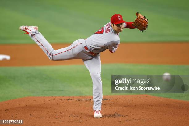 Los Angeles Angels starting pitcher Shohei Ohtani delivers a pitch in the first inning of the MLB game against the Miami Marlins on July 6, 2022 at...