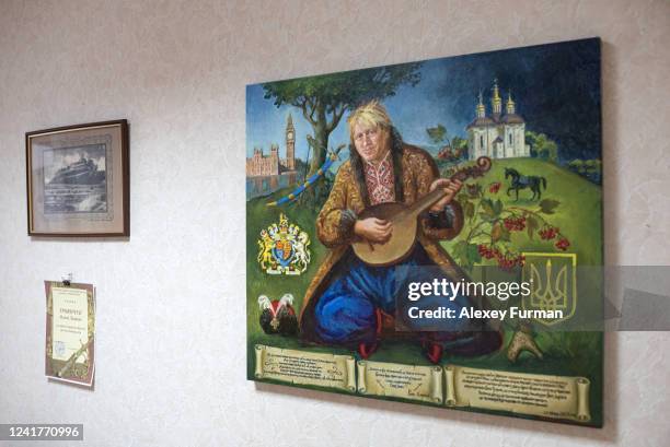 Painting of Boris Johnson dressed as a Ukrainian cossack by Ukrainian artists Daria Dobriakova and Yurii Kutilov assigned by Andrii Lisovyi is seen...