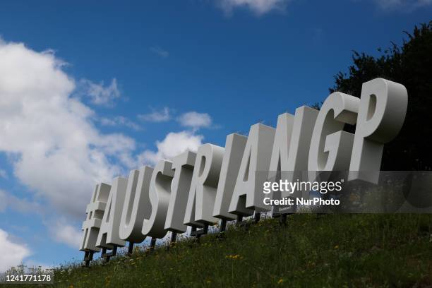 View of the #AustrianGP sign on the circuit before practice and qualifying sessions for the Formula 1 Austrian Grand Prix at Red Bull Ring in...