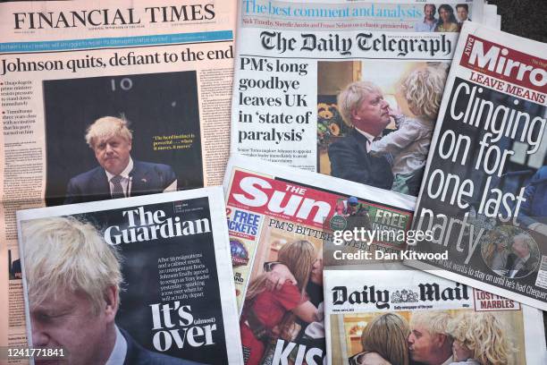 Photo illustration of British newspaper front pages following yesterday's resignation speech by Boris Johnson, on July 8, 2022 in London, England....