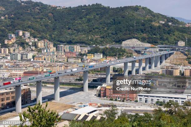 General view of Genoa's San Giorgio highway bridge, rebuilt in 2020 after 43 people died when Genoa's old Morandi bridge collapsed on August 14...