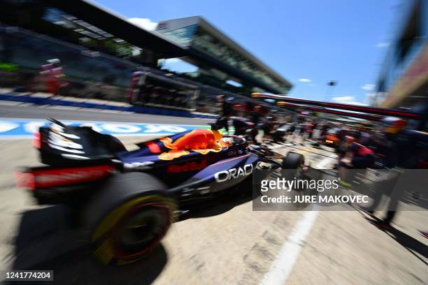 Red Bull Racing's Dutch driver Max Verstappen arrives in the pits during the first practice session at the Red Bull Ring race track in Spielberg,...