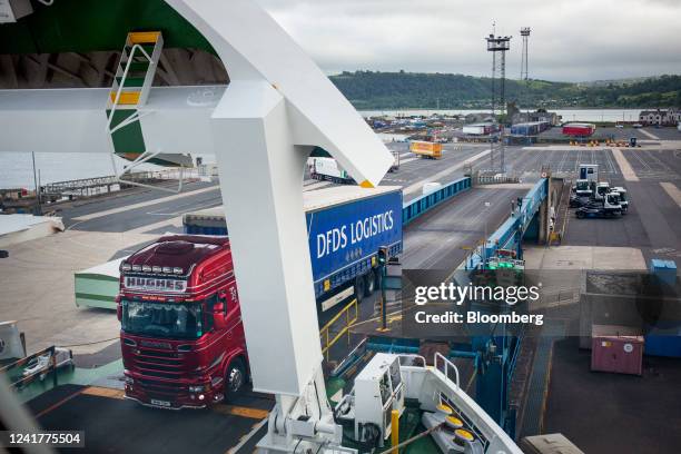 Haulage trucks boards a ferry at Larne Port in Larne, Northern Ireland, UK, on Wednesday, July 6, 2022. British Prime Minister Boris Johnson wants...