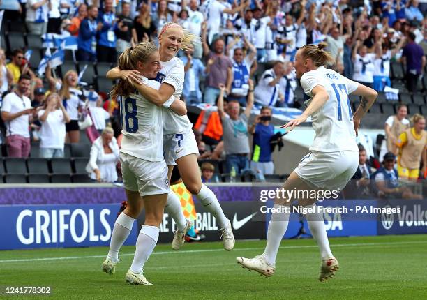 Finland's Linda Sallstrom celebrates scoring their side's first goal of the game with team-mates during the UEFA Women's Euro 2022 Group B match at...