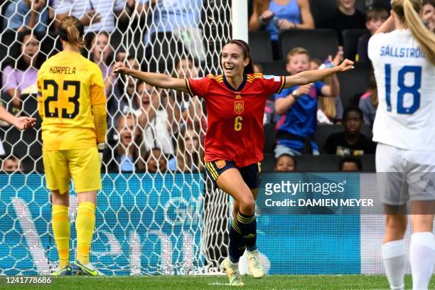 Spain's midfielder Aitana Bonmati celebrates after scoring their second goal during the UEFA Women's Euro 2022 Group B football match between Spain...