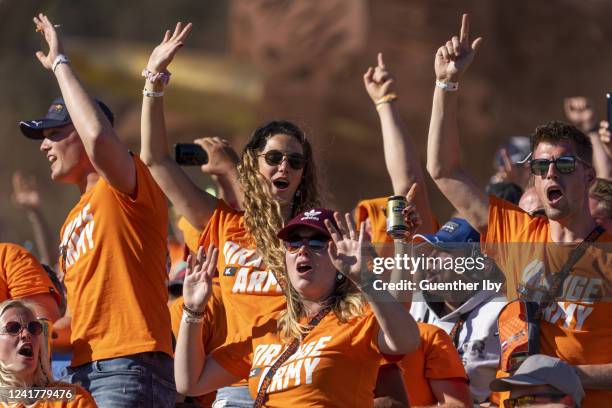 Fans of Max Verstappen of Netherlands and Red Bull during F1 Grand Prix of Austria practice and qualifying at Red Bull Ring on July 8, 2022 in...