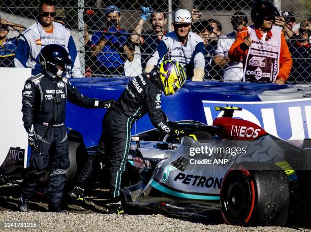 Lewis Hamilton crashes his Mercedes W13 during qualifying ahead of the F1 Grand Prix of Austria at the Red Bull Ring on July 8, 2022 in Spielberg,...