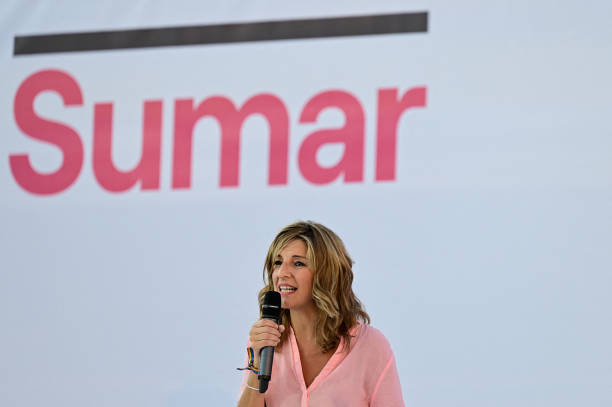 Spain's Deputy Prime Minister and Minister of Labor and Social Economy Yolanda Diaz delivers a speech during the presentation of the "Sumar"...