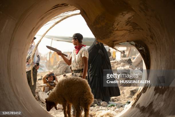 An Iraqi herder prepares to sacrifice a sheep at a livestock market in the southern city of Basra on the eve of the Muslim holiday of Eid al-Adha, on...