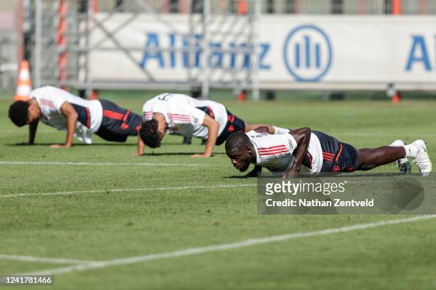 Dayot Upamecano during a training session of FC Bayern München at Saebener Strasse training ground on July 08, 2022 in Munich, Germany.